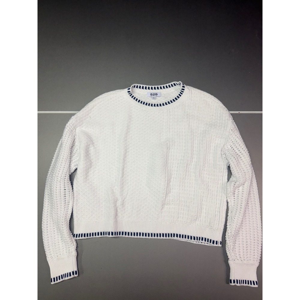 525 America Womens White Cotton Knit Sweater Navy Trim Mixed Stitch Size S
